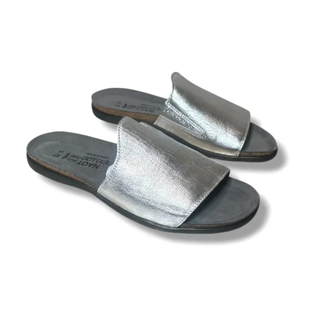 NAOT Skyler Leather Supportive Slide Sandal Silver Slip On Women’s EU 37 (US 6)
